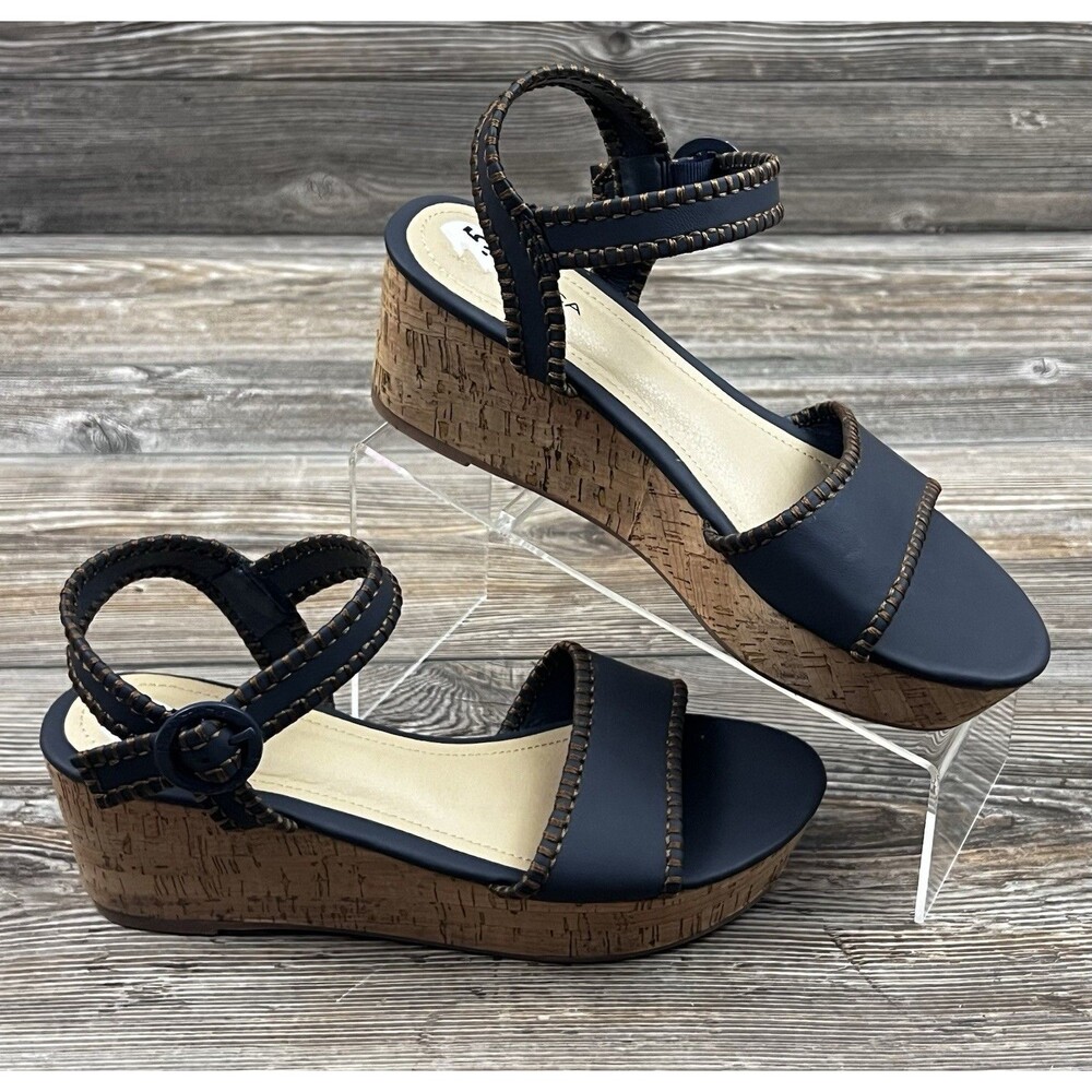 Womenโs Navy Cork Wedge Sandals with Ankle Strap